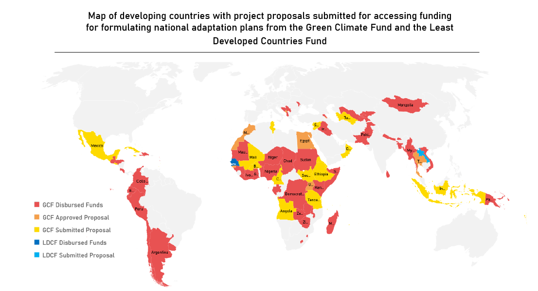 Map of developing countries that have applied for funding for NAP formulation